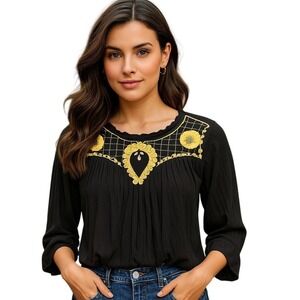 Free People Embroidered Peasant Top Bohemian Blouse 3/4 Sleeve Black Boho Chic M